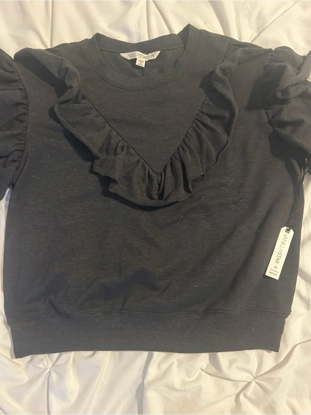 Vanilla Star Black Ruffle-Sleeve Crewneck Sweater NWT